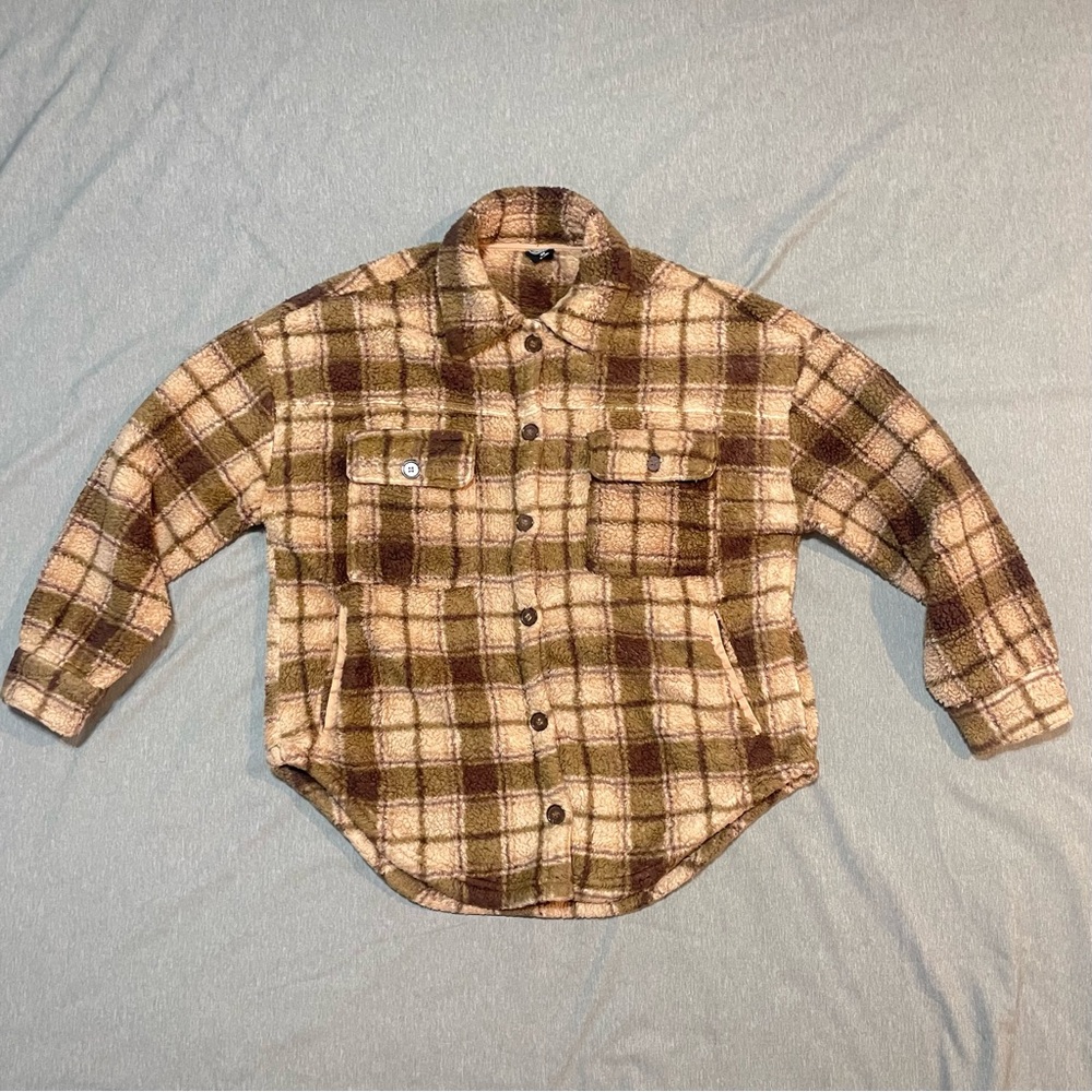 Pacsun Plaid Sherpa Fleece Button Up Jacket XS/S Brown Cream Cozy